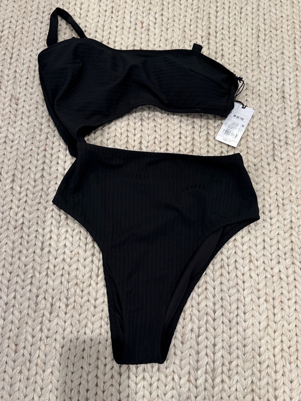 Shade & Shore Black Ribbed One-Shoulder High-Waist One-Piece Swimsuit